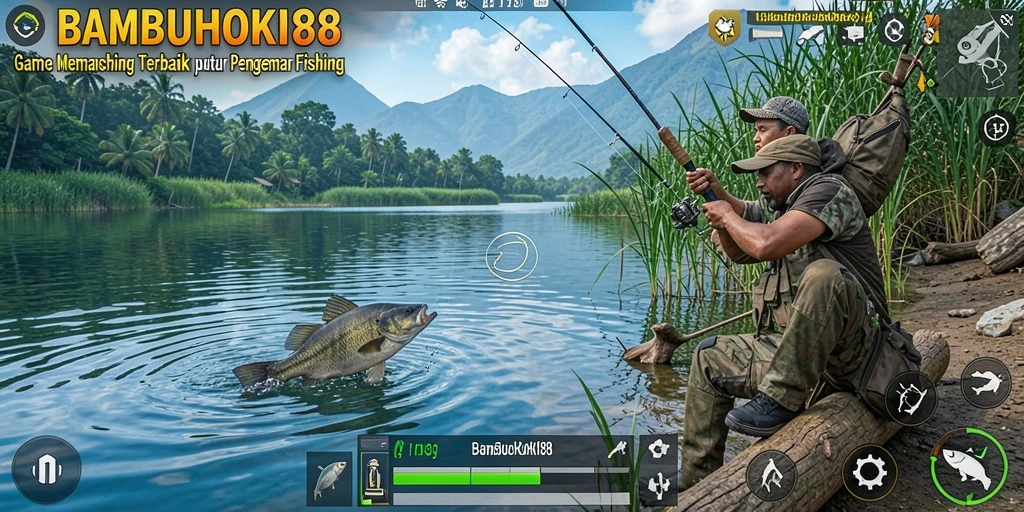 Tampilan gameplay yang seru dalam BAMBUHOKI88 saat menangkap ikan.