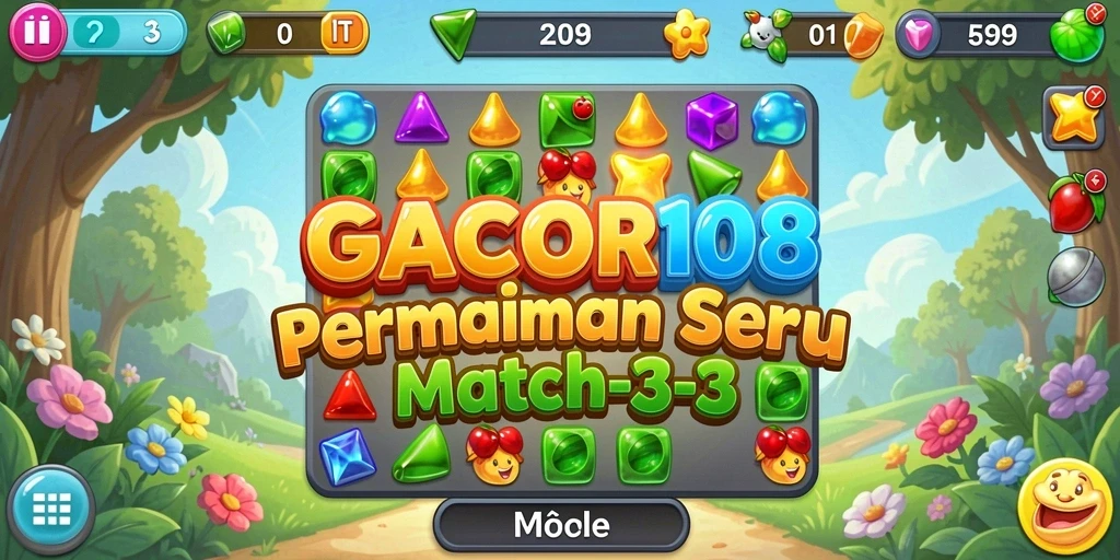 Tangkapan layar GACOR108 menampilkan gameplay Match-3 yang seru dan penuh warna.