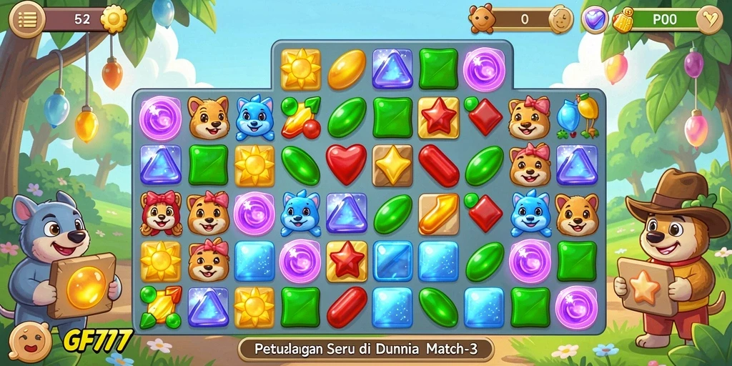 Menampilkan gameplay seru GF777 dengan mekanisme Match-3 yang menantang.