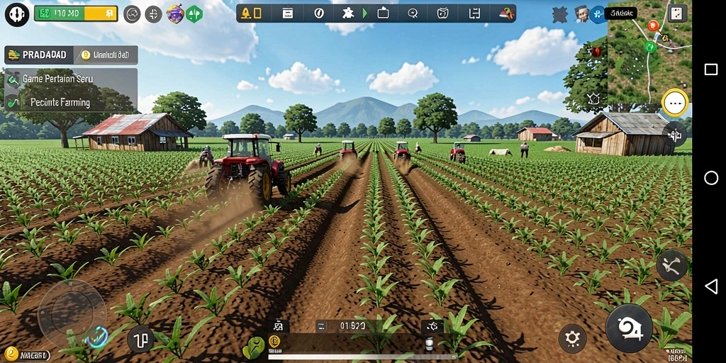 Screenshot PRADA4D menampilkan petani sedang merawat ladang tanaman hijau.