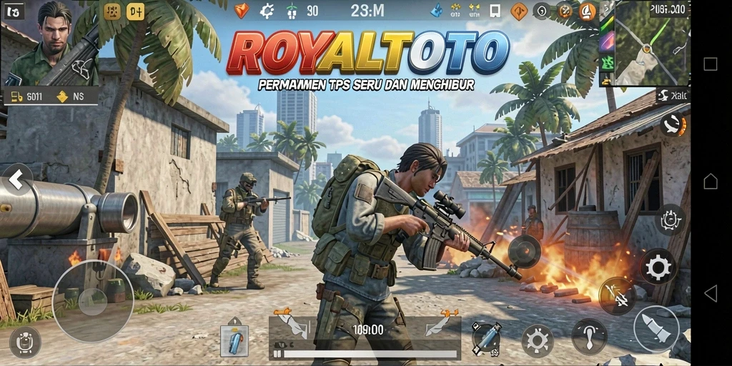 Screenshot utama permainan ROYALTOTO menampilkan pertempuran TPS yang intens.
