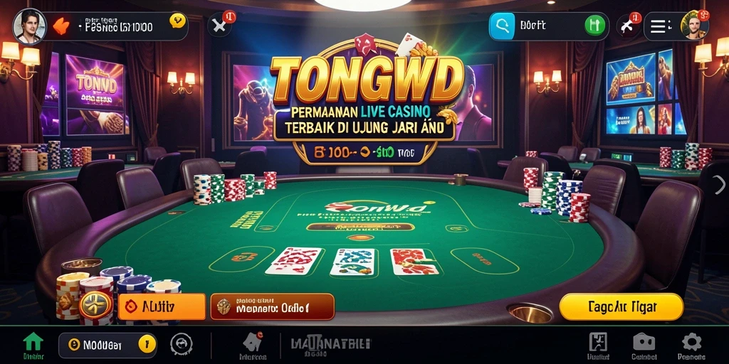 Screenshot gameplay TONGWD menampilkan dealer langsung dan suasana kasino yang mendebarkan.