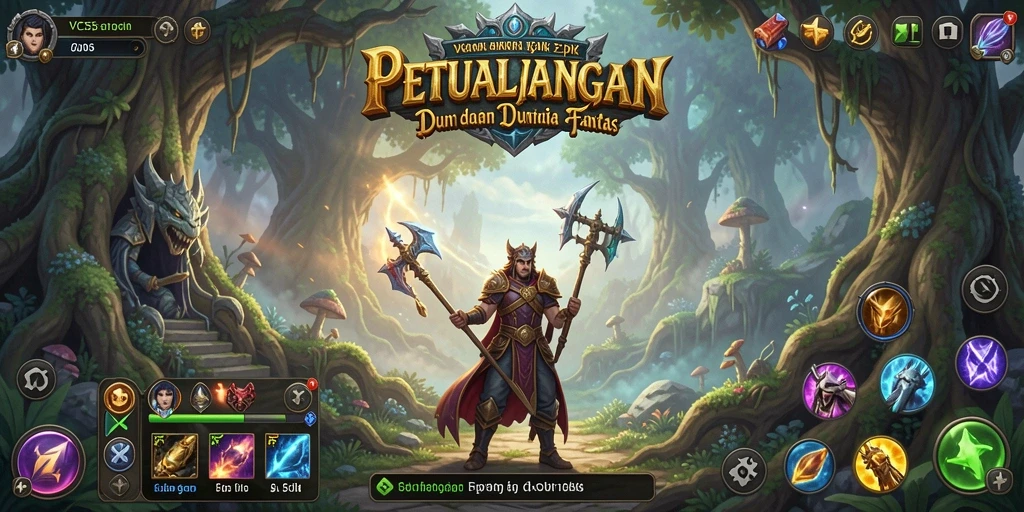 Tampilkan gameplay menarik dengan karakter menjelajahi dunia fantasi.